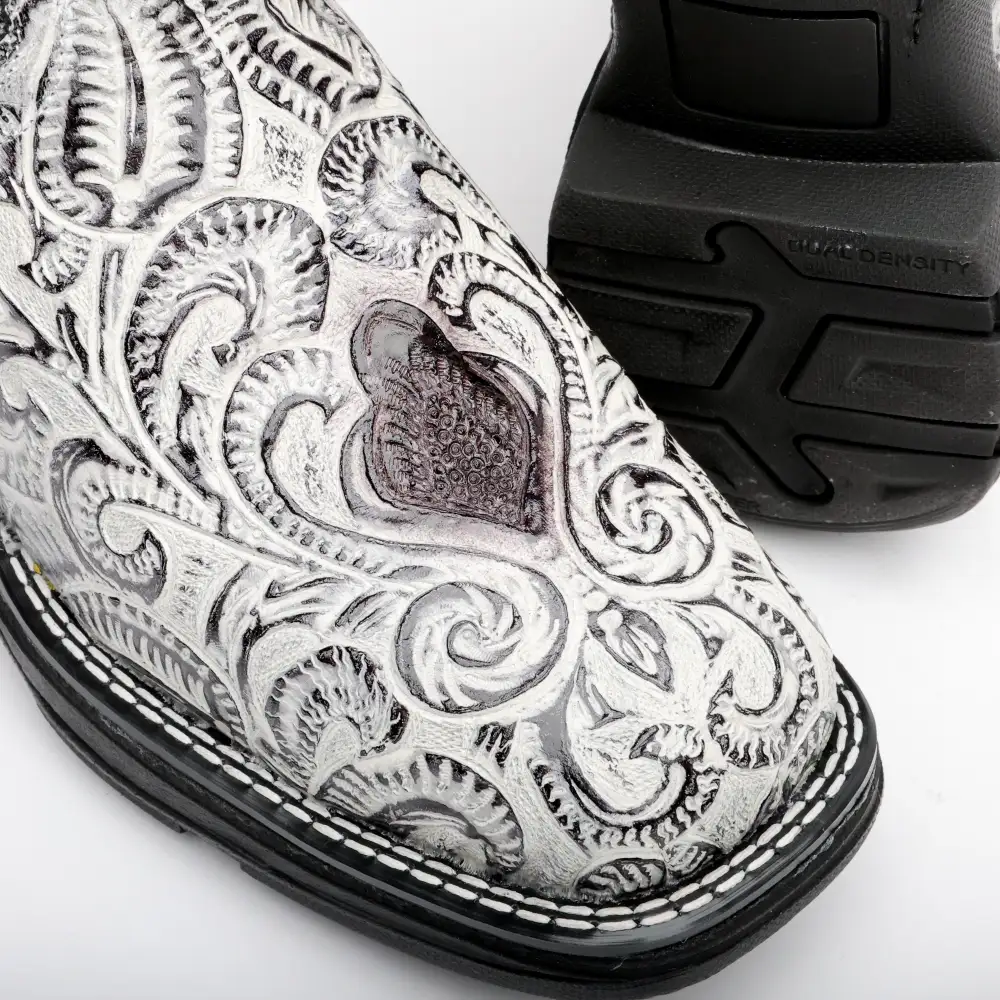 Snow White Hand-Tooled Leather Boots With 3D Lightweight Sole - Composite Toe