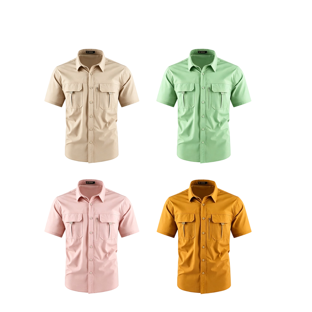 Men's American-Style Solid Color Shirt with Hidden Ventilation Holes Casual Summer Beach Nylon Shirt High-Quality Fabric Short Sleeves Button Closures