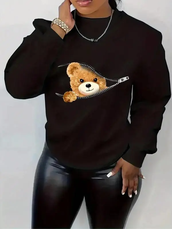 Women's Cartoon Bear Print Drop Shoulder Longsleeves