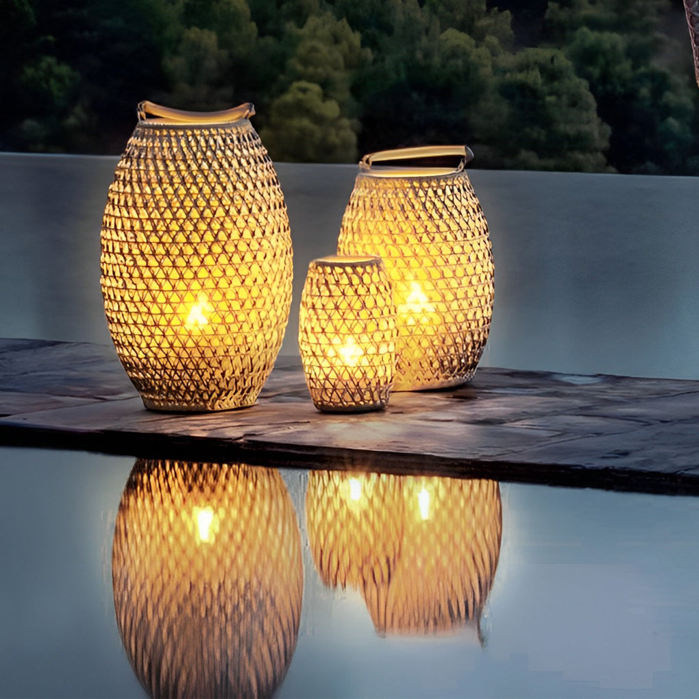 Portable Bamboo Rattan Lanterns Shape Waterproof LED Modern Lawn Light