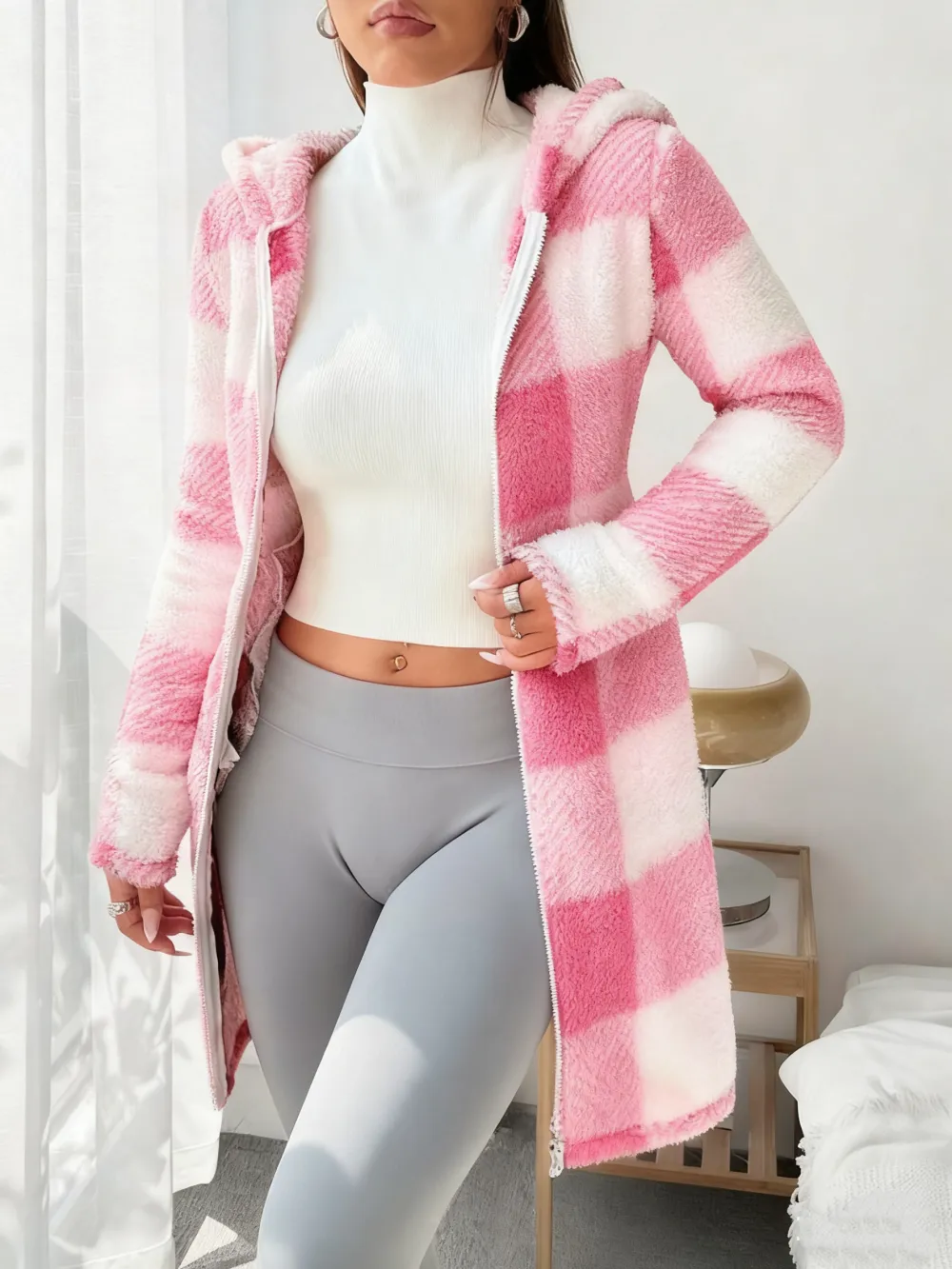 Women's Plaid Fleece Long Sleeve Hooded Coat