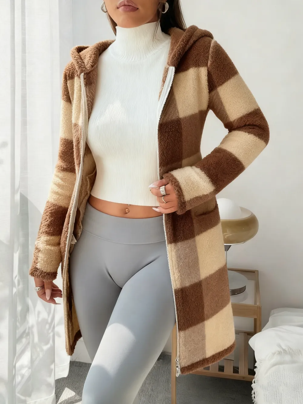 Women's Plaid Fleece Long Sleeve Hooded Coat