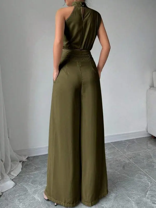 Women's Solid Color Crop Tank Top & Wide Leg Pants Two-piece Set