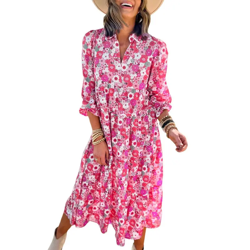 Women's Casual Bohemian Floral Dress 2026 V-Neck Long Puff Sleeve Midi Dress Soft Fabric Comfortable Summer Dress - Womenswear