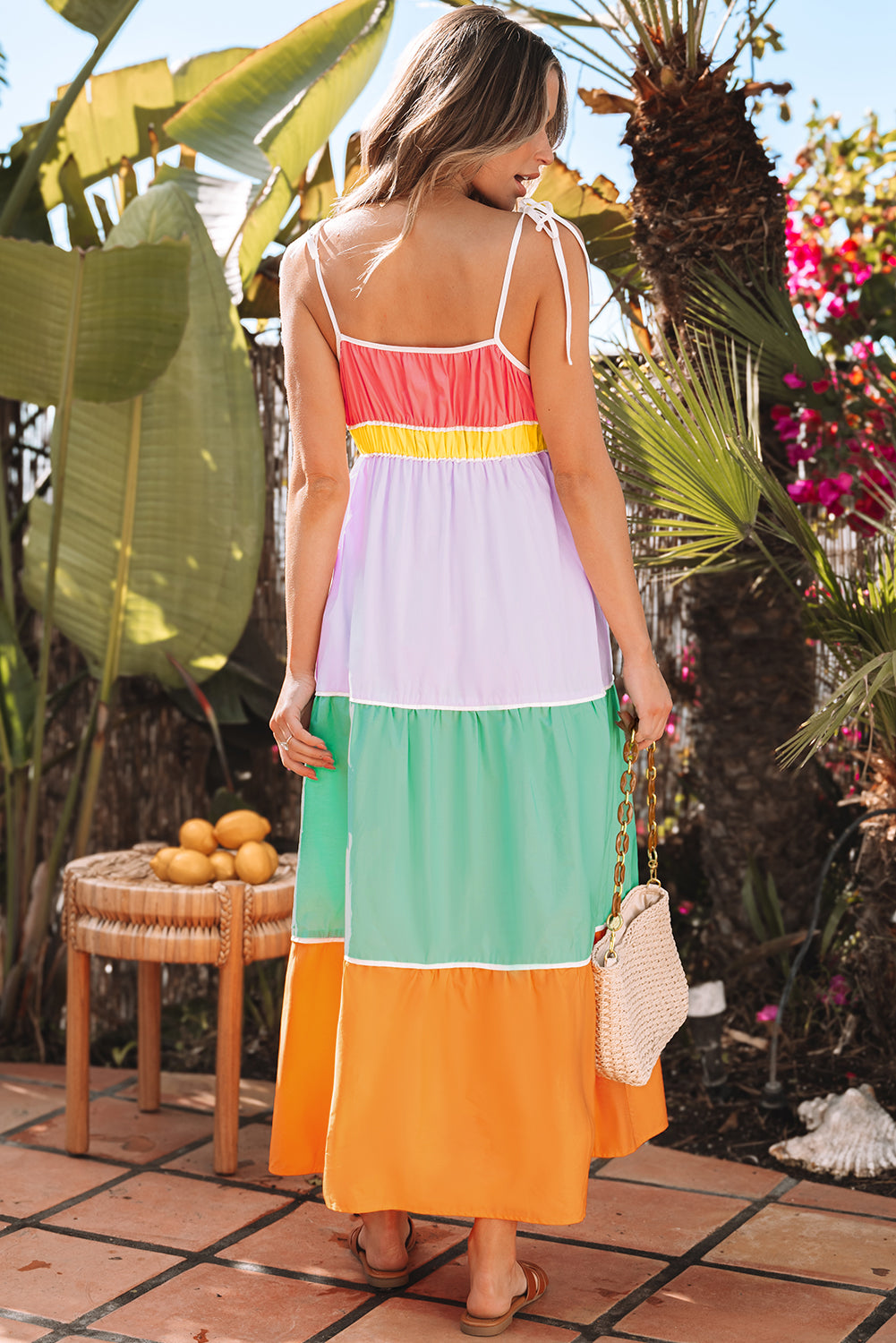 Multicolour Colorblock Self-Tie Straps High Waist Flowy Maxi Dress With Pockets