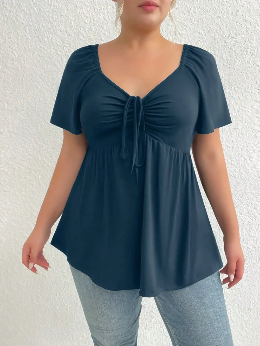 Plus Size Solid Color Rhinestone Collar Tie Front Short Sleeve Simple Casual T-Shirt