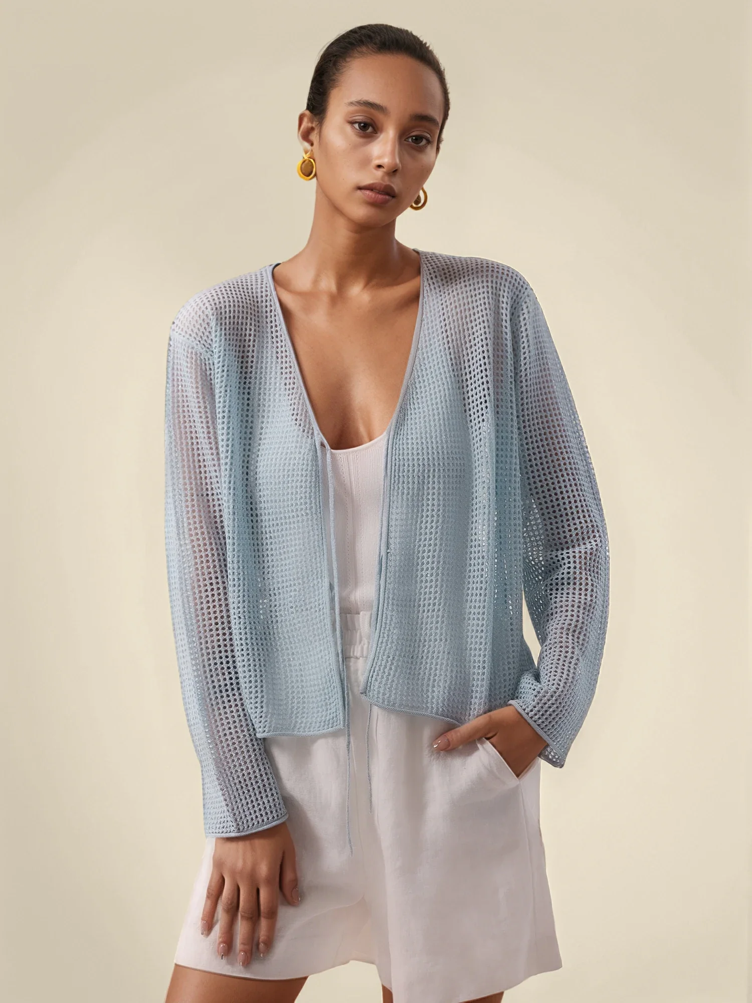 Lyocell & Linen V-Neck Long Sleeve Tie Cardigan