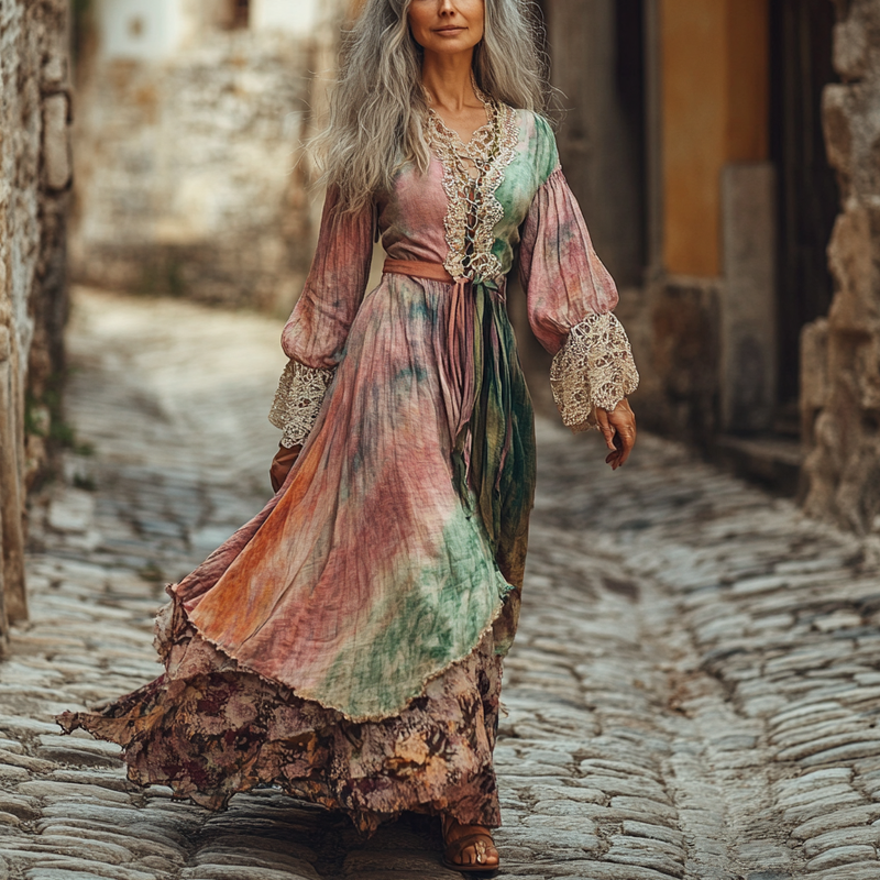 Vintage Loose Linen Patchwork Dress 7e08