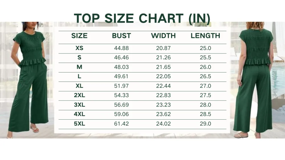 Womens 2 Piece Smocked Top Wide-Leg Pants Set