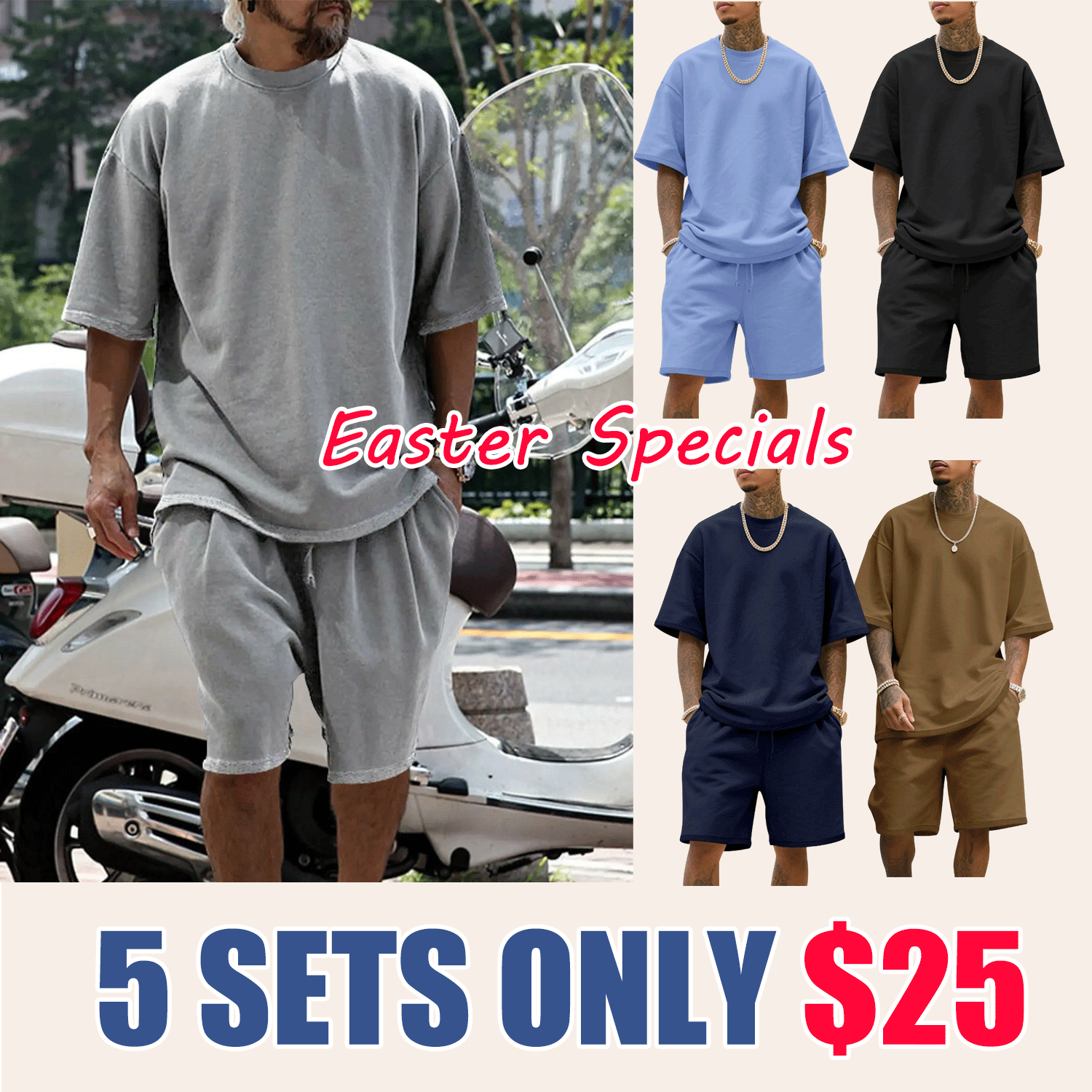 💥💥Easter Sale!Men's Summer Casual Set, Pure Color Round Neck Short Sleeve Tee & Shorts