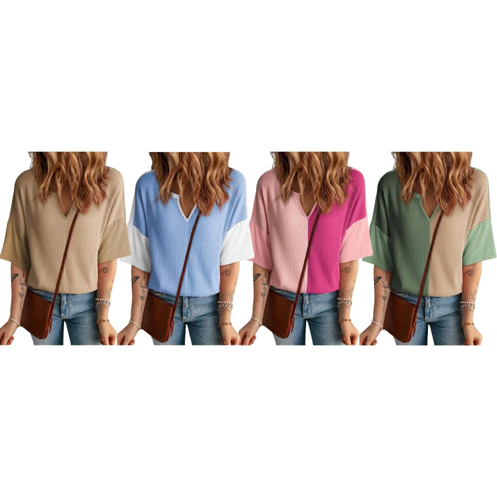 Womens Half Sleeve Waffle Knit Shirts V Neck Colorblock Blouses