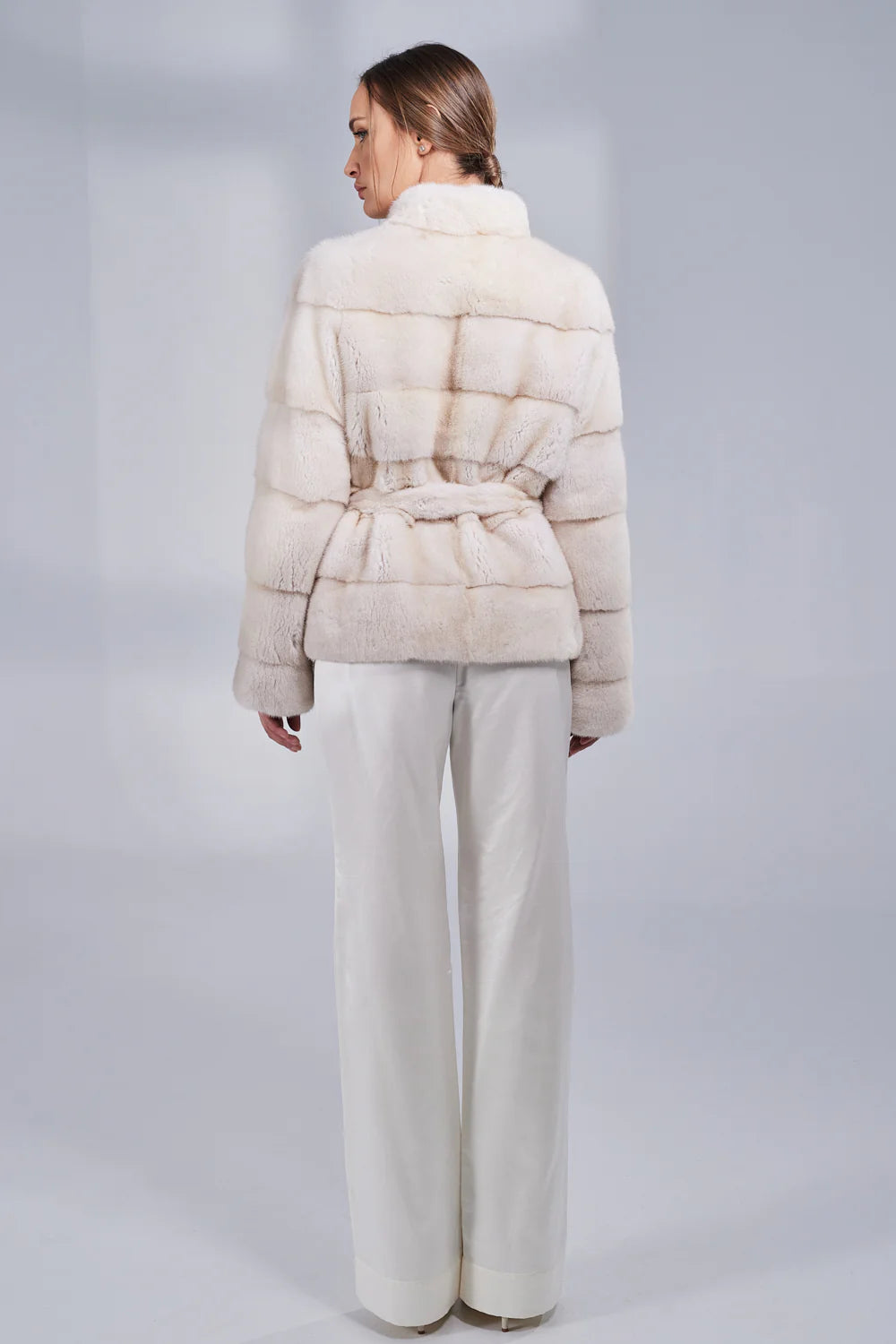 Haină din Blană Naturală de Vizon, cu Cordon, Femei, Pearl 193