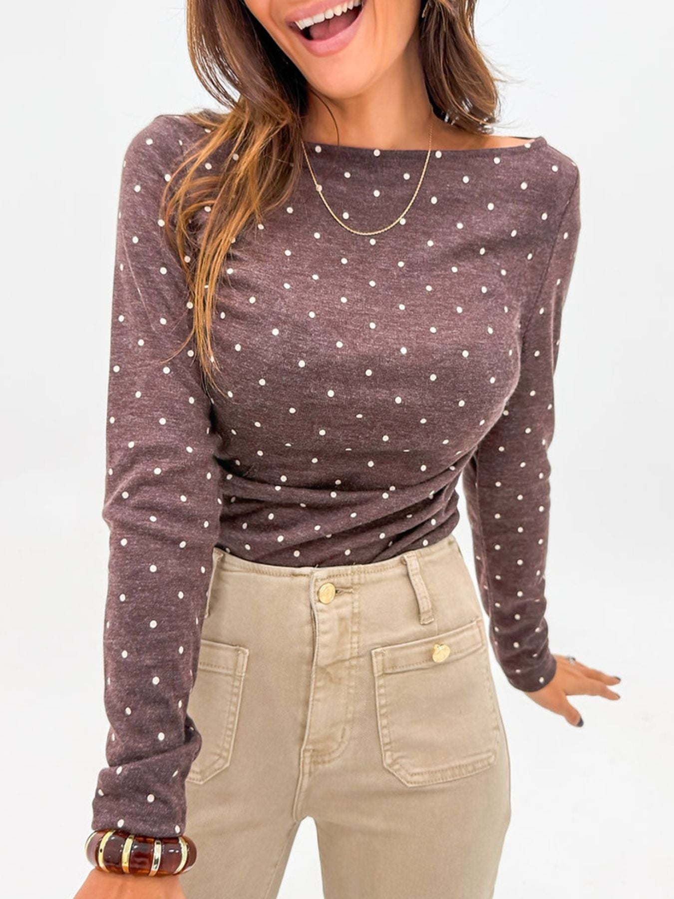 Polka Dot Boat Neck Knit Long Sleeve T Shirt