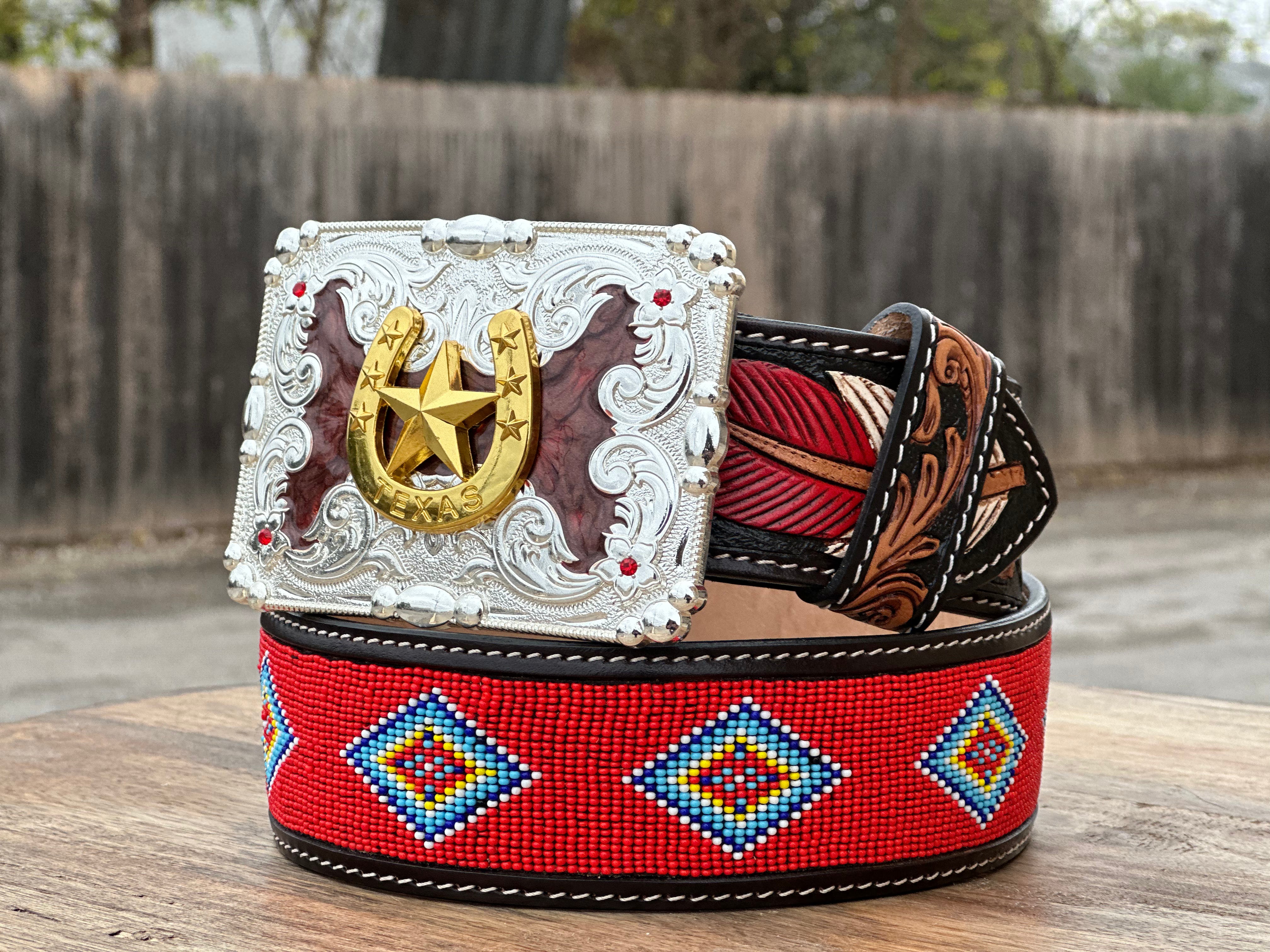 Hand-Tooled Artesanal Tabs With Red, Blue, And Yellow Beaded Leather Belt ( Read Description Before Ordering )