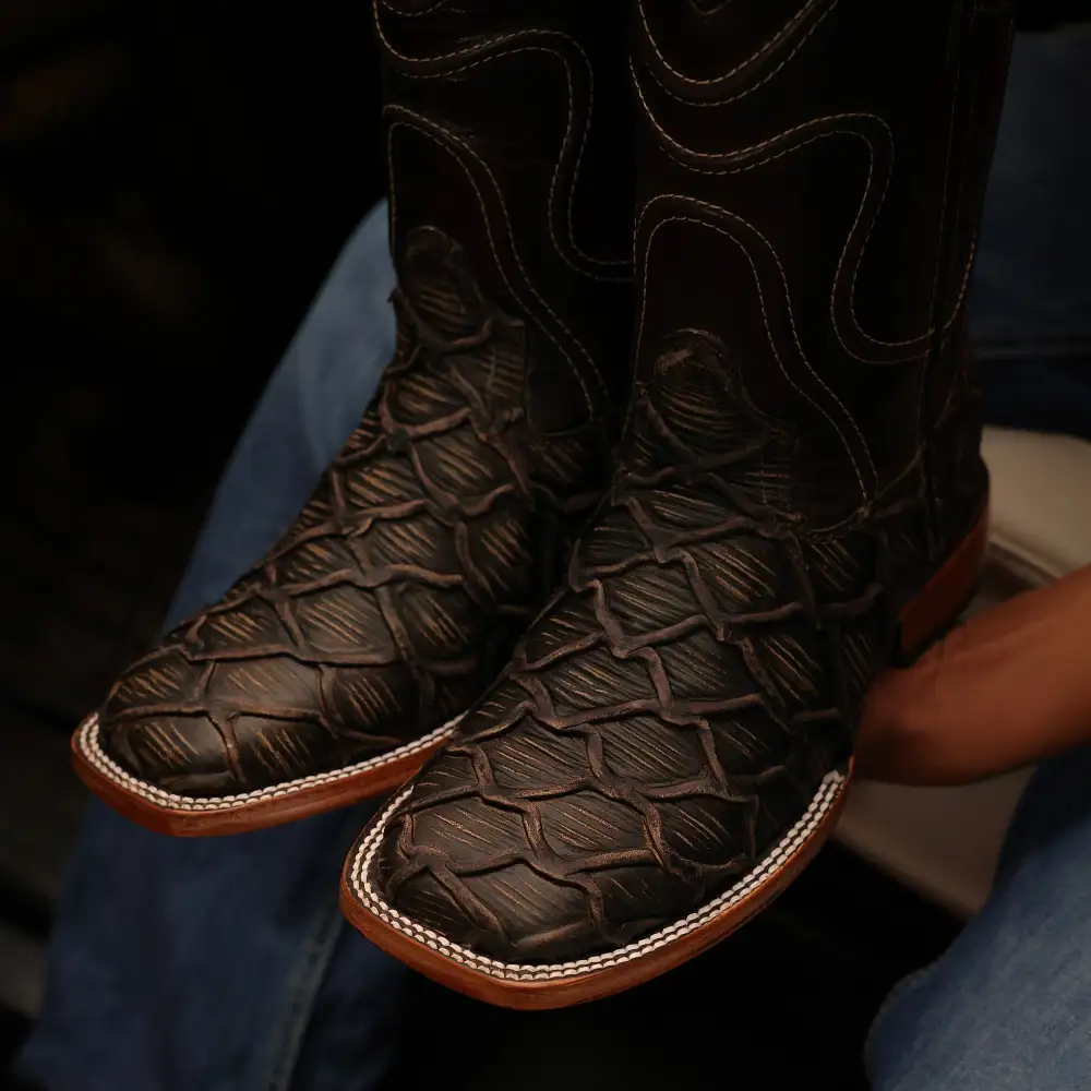 Brown Rustic Pirarucu Leather Boots - Square Toe