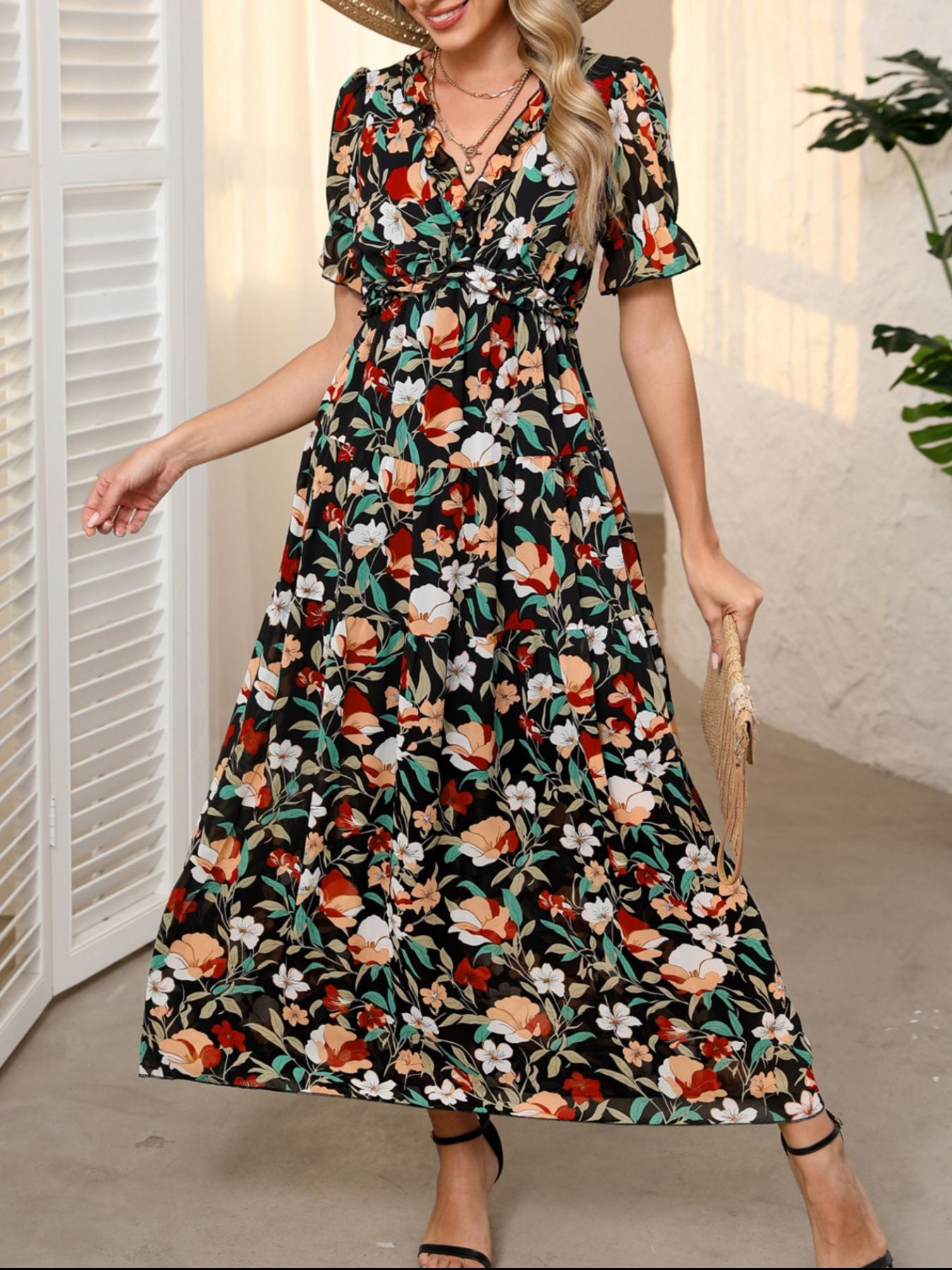 Floral Print Frilled V Neck Short Sleeve Maxi Dress