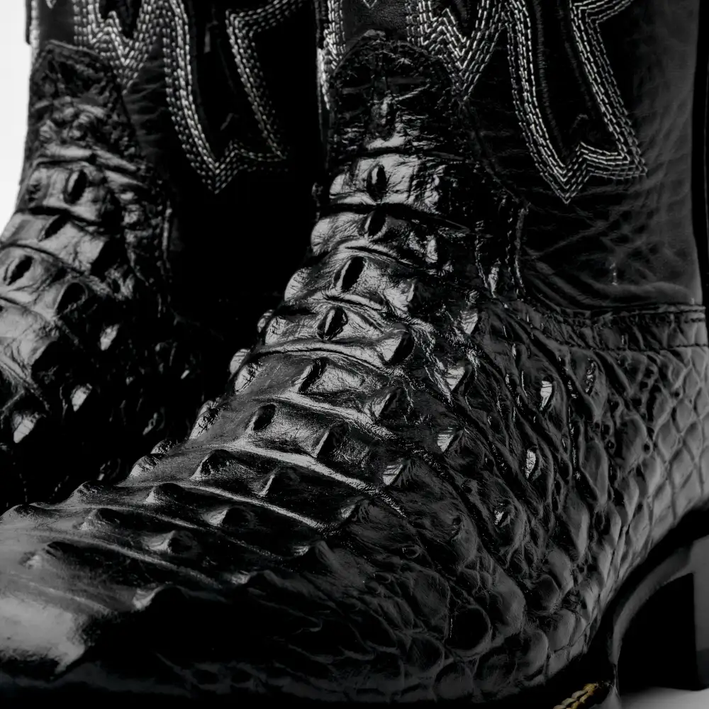 Black Caiman Hornback Leather Boots - Square Toe