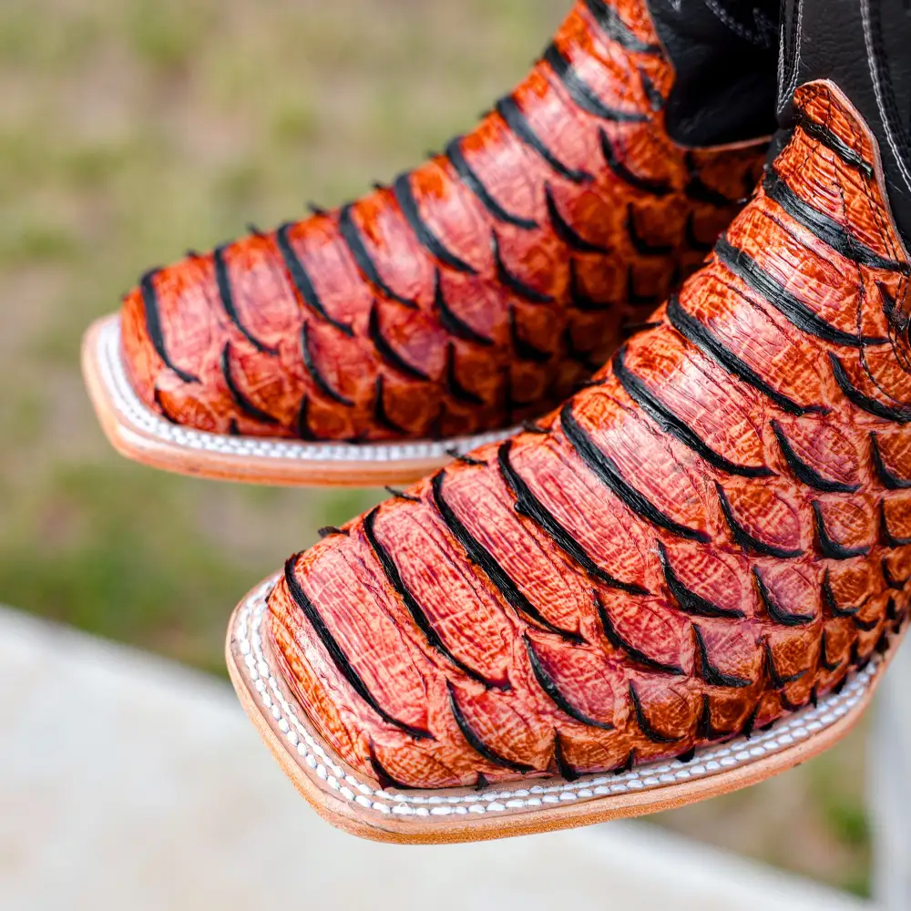 Cognac Python Leather Boots - Square Toe