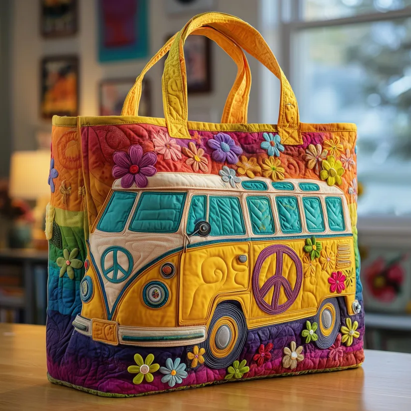 Journey of Rainbow Dreams — 3D Hippie Van Quilted Tote Bag ✨