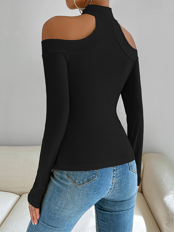 Solid Color Long Sleeves Skinny Off-The-Shoulder T-Shirts Tops