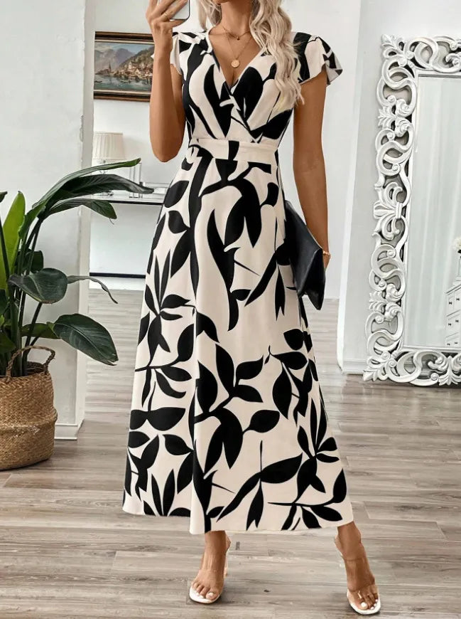 Printed Surplice Wrap Midi Dress
