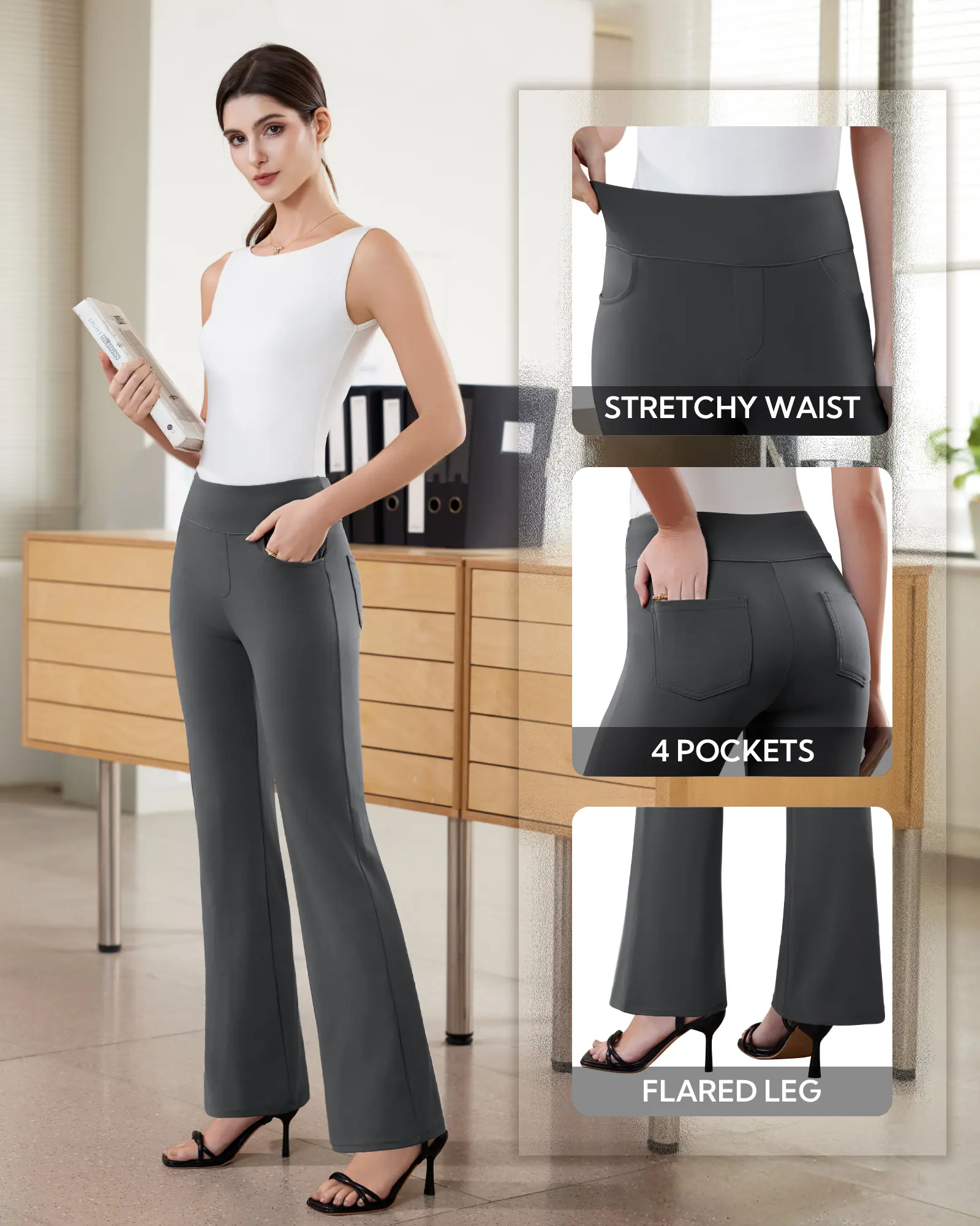 Womens Dress Pants Stretchy Work Pants Business Casual Office Trousers Pull On Flare Slacks