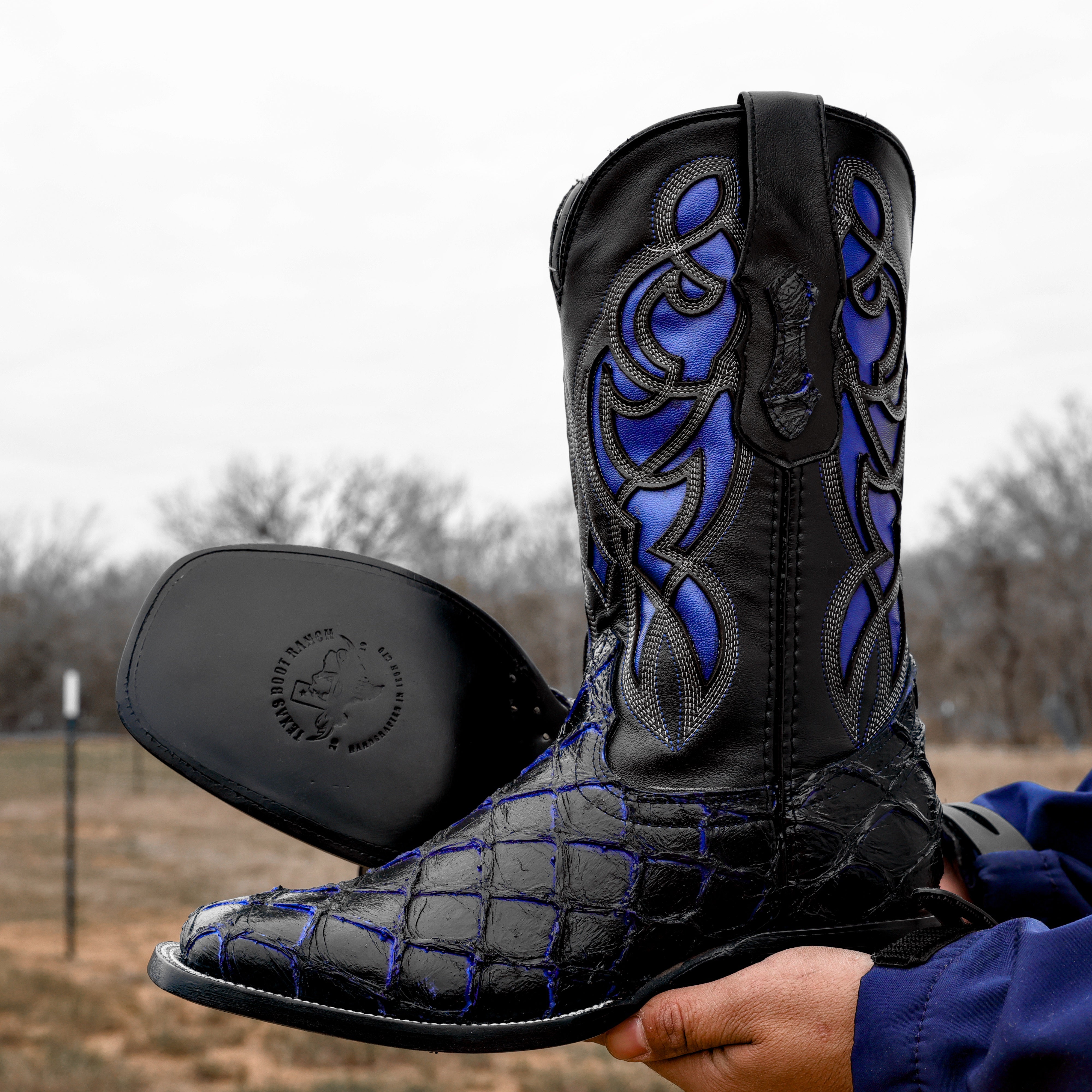 Black/Blue Pirarucu Leather Boots - Square Toe