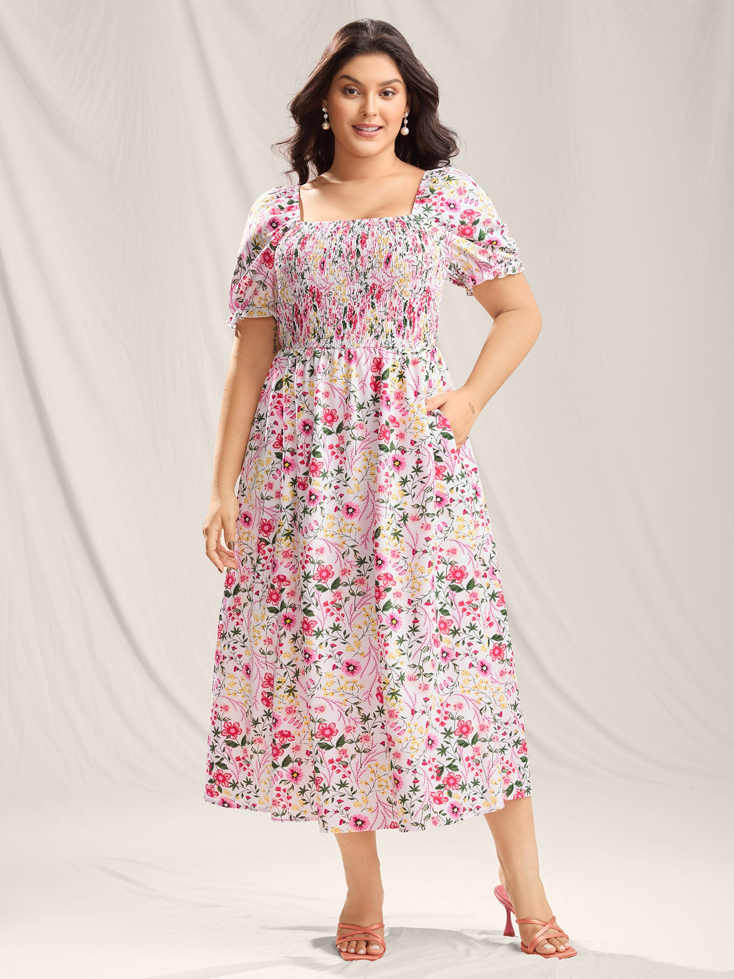 Shirred Floral Print Pockets Maxi Dress