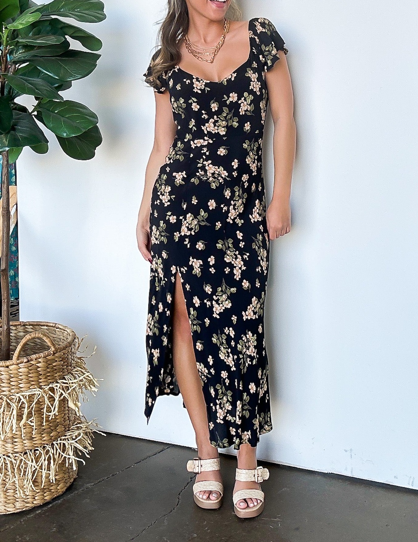 Floral Ruffle Sleeve Midi Dress