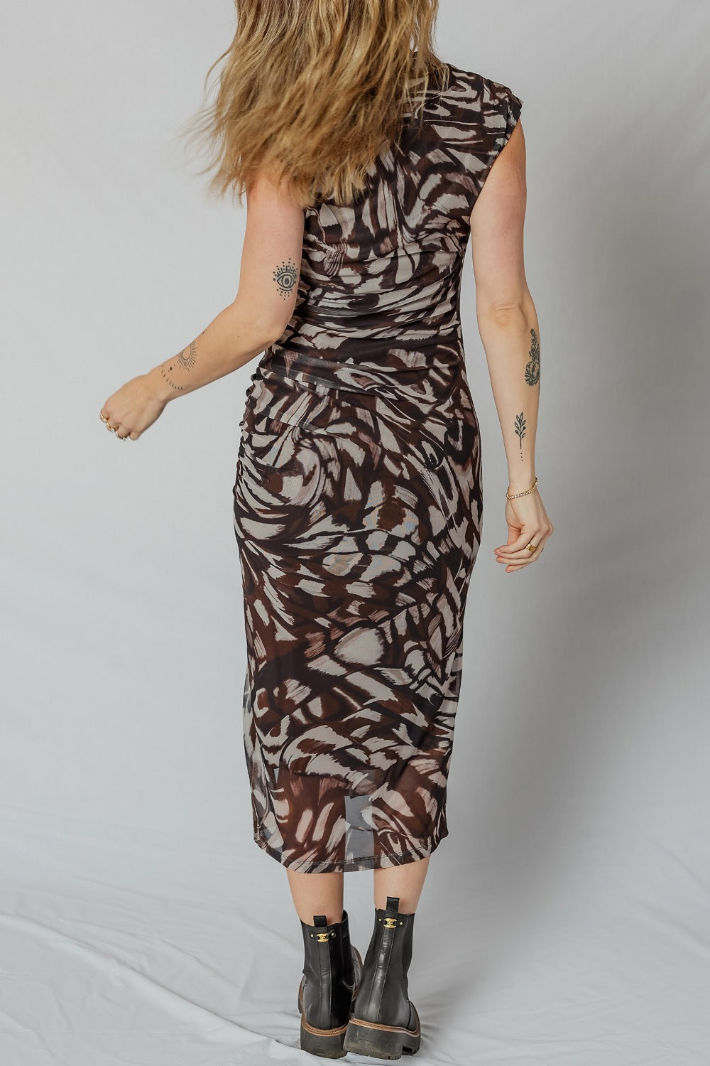 Abstract Print Ruched Midi Dress with Slit