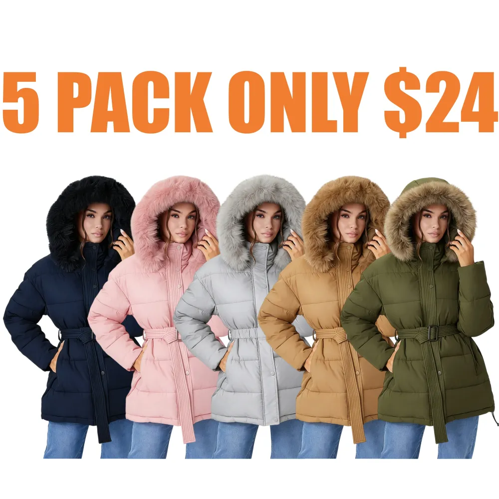 Women's Versatile Solid Color Fluffy Hooded Zip-Up Belt Decor Cotton Coat