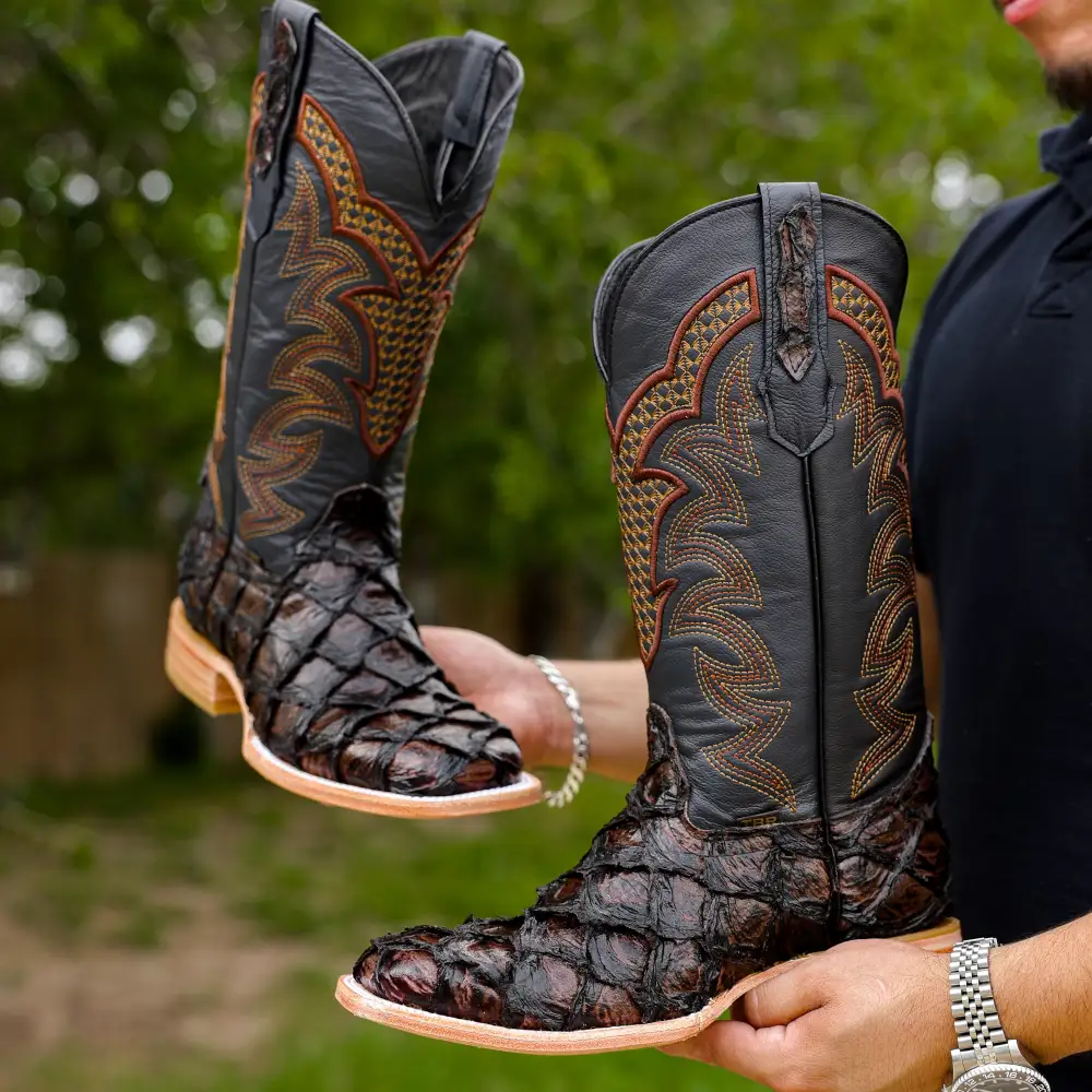 Brown Jumbo Pirarucu Leather Boots - Square Toe