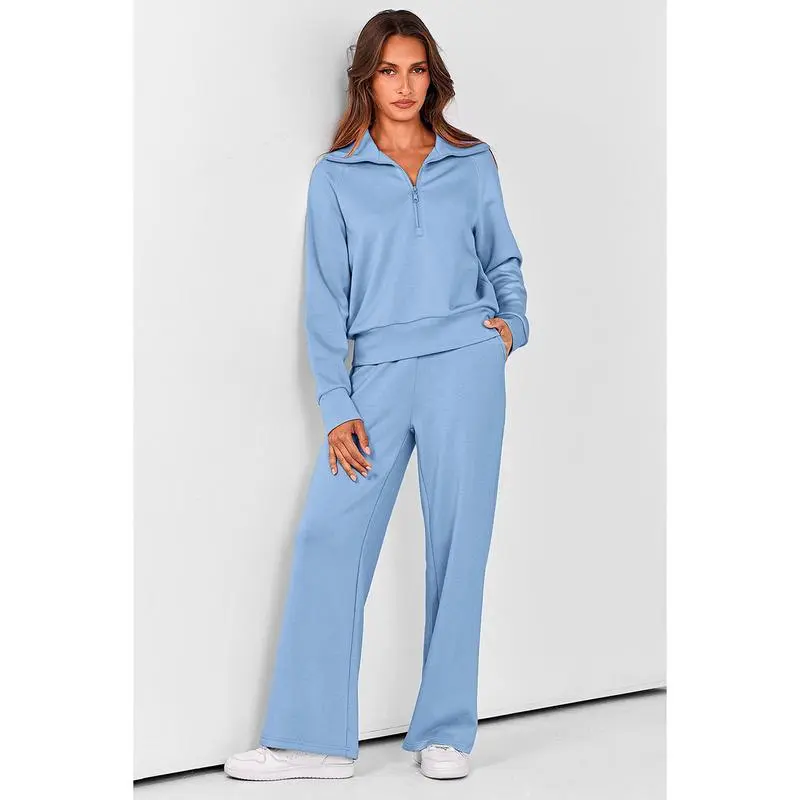Women’s 2-Piece Set – Half Zip Sweatshirt & Wide Leg Pants