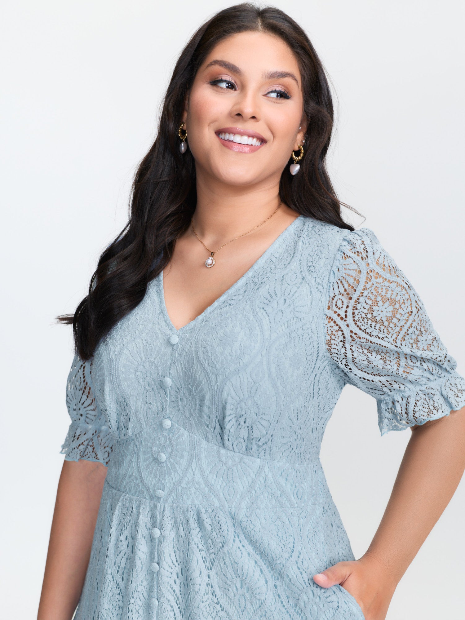 Lace Trim Shirred Button Detail Midi Dress