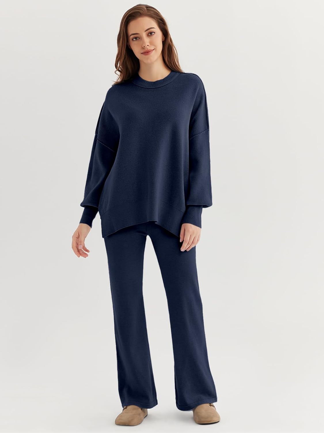 🎄Christmas Clearance 🔥Women 2 Piece Outfits Sweatsuit Sweater Sets Oversized Knit Pullover Tops Wide Leg Pants Lounge Set