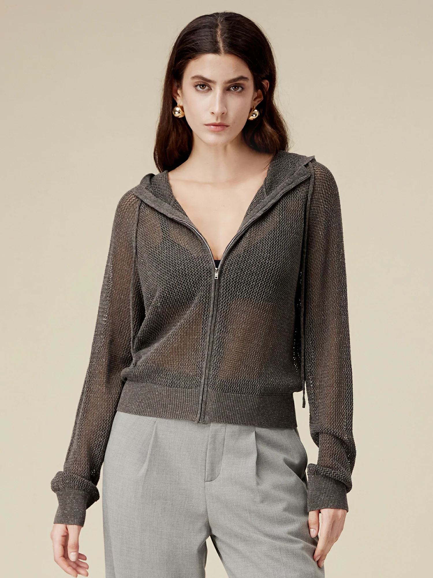 Linen & Lyocell Hooded Hollow Out Cardigan