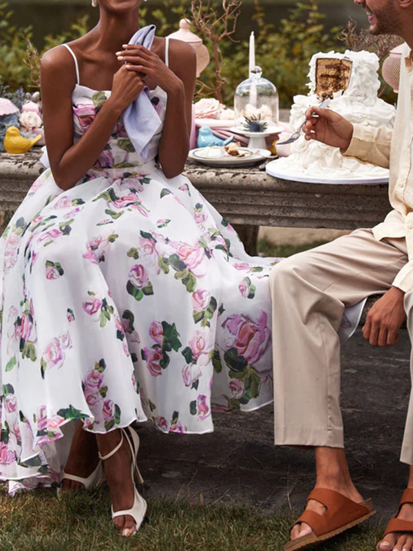 Flower Printed Ruffled Pleated Sleeveless Spaghetti-Neck Chiffon Midi Dresses