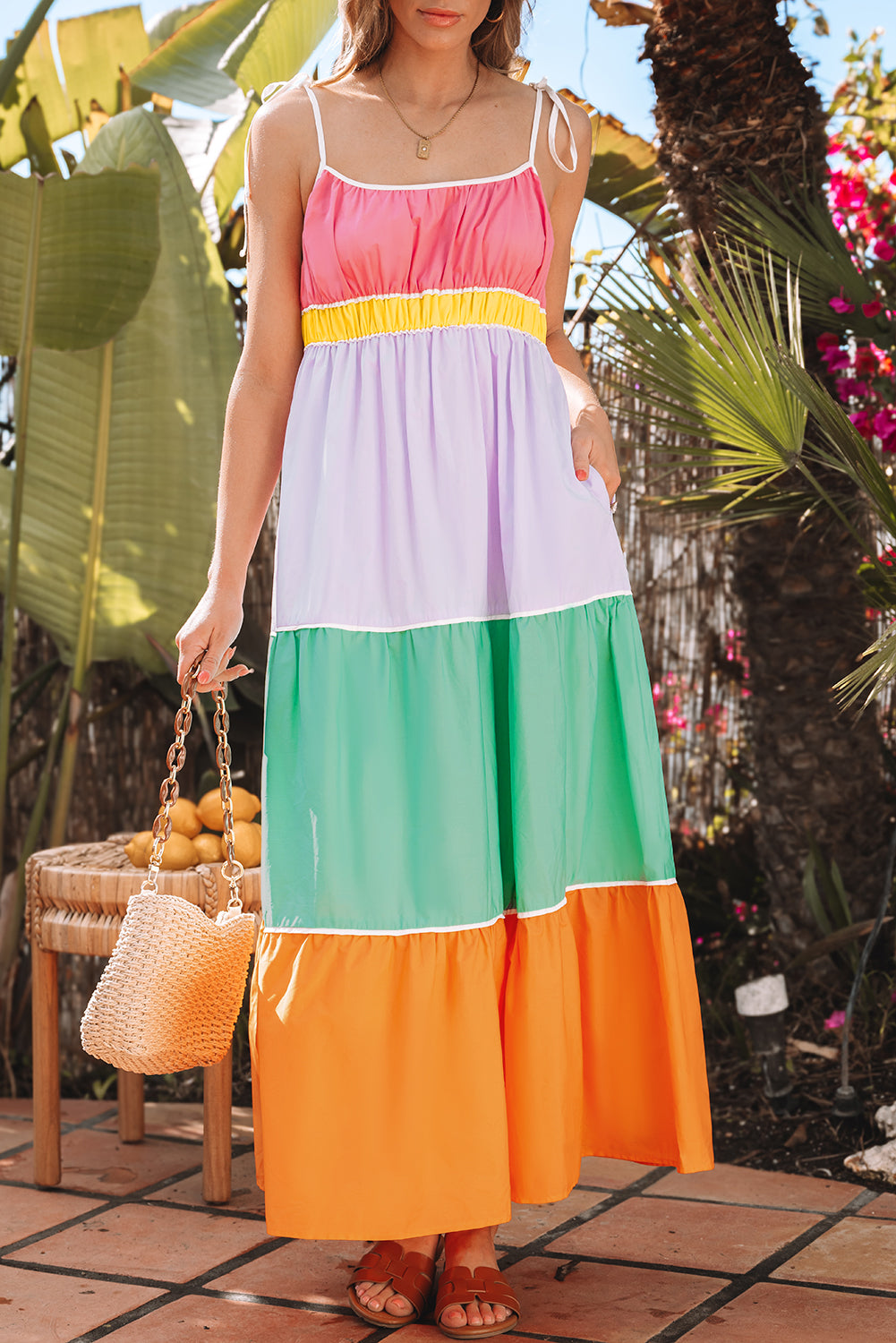 Multicolour Colorblock Self-Tie Straps High Waist Flowy Maxi Dress With Pockets