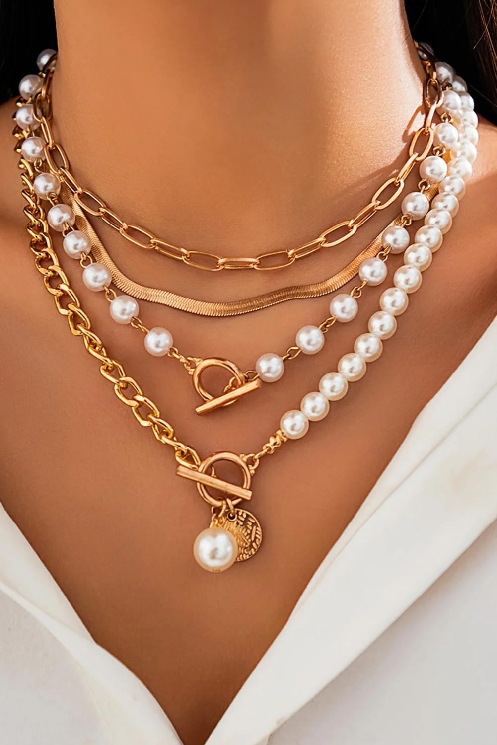 Gold Pearl Decor Plated Adjustable Chain Layered Necklace