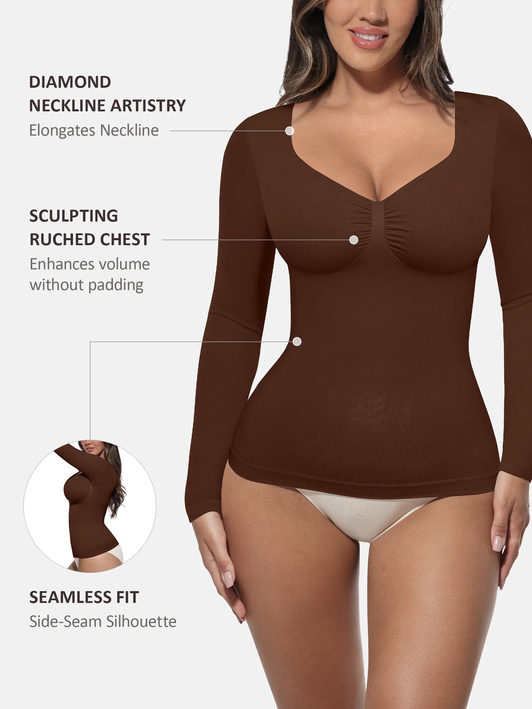 Feelingirl Seamless Long Sleeve Tummy Control Thong Bodysuit