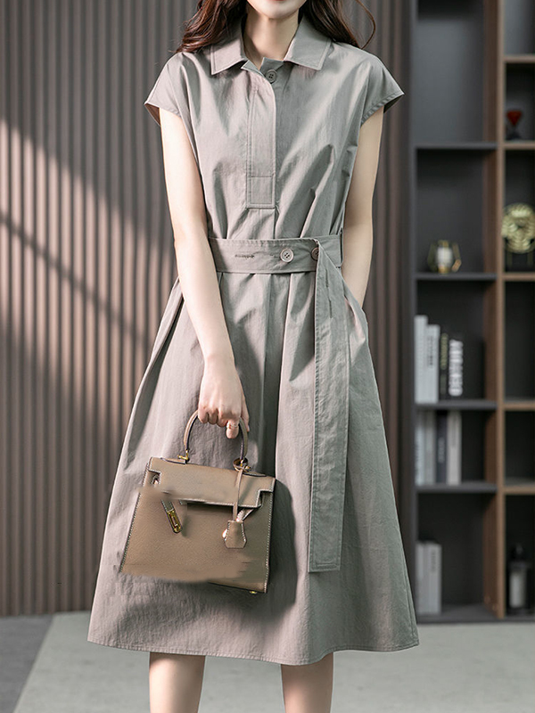 Bandage Solid Color Plus Size Short Sleeves Lapel Midi Dresses