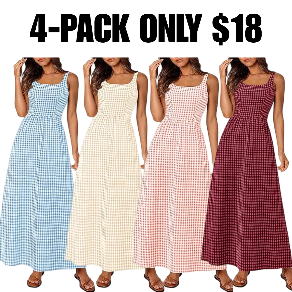 Women's Plaid Square Neck Maxi Dress, Spaghetti Strap A-Line Casual Beach Sundress