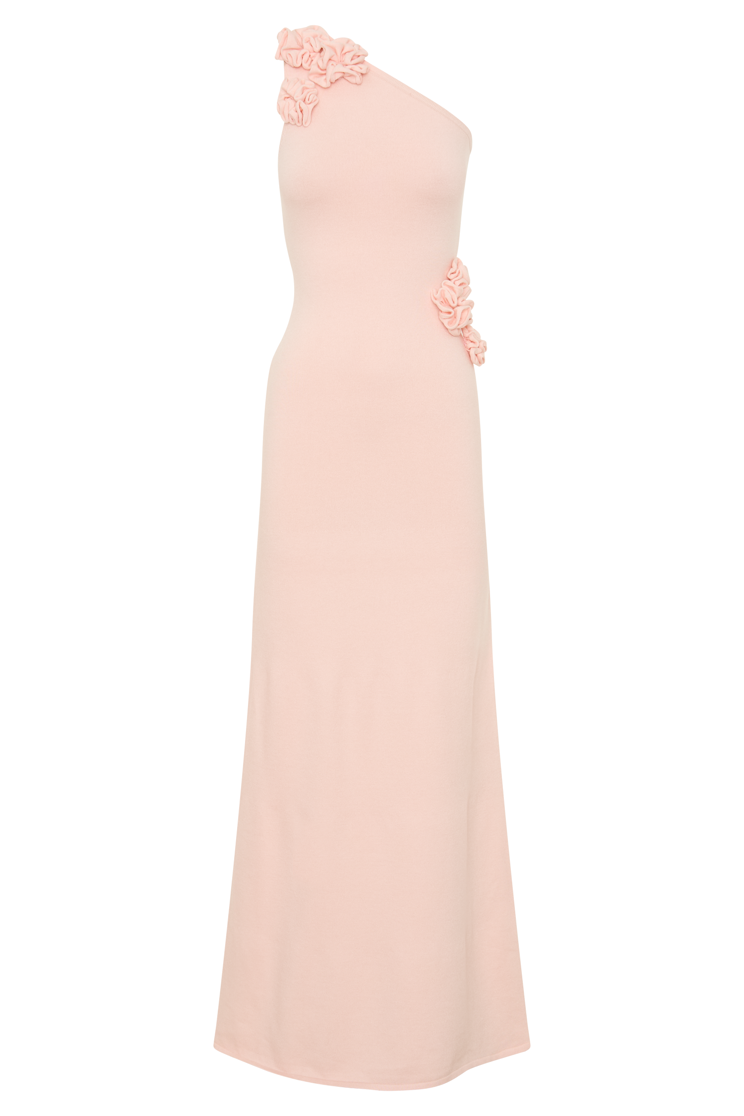 Pink One Shoulder Knit Maxi Dress With Flowers