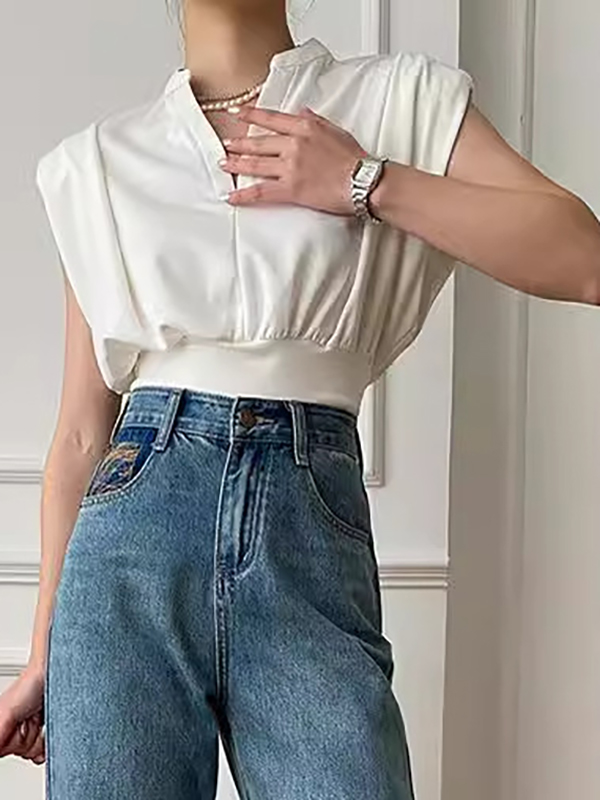 Pleated Shoulder Pad Solid Color Loose Sleeveless V-Neck T-Shirts Tops