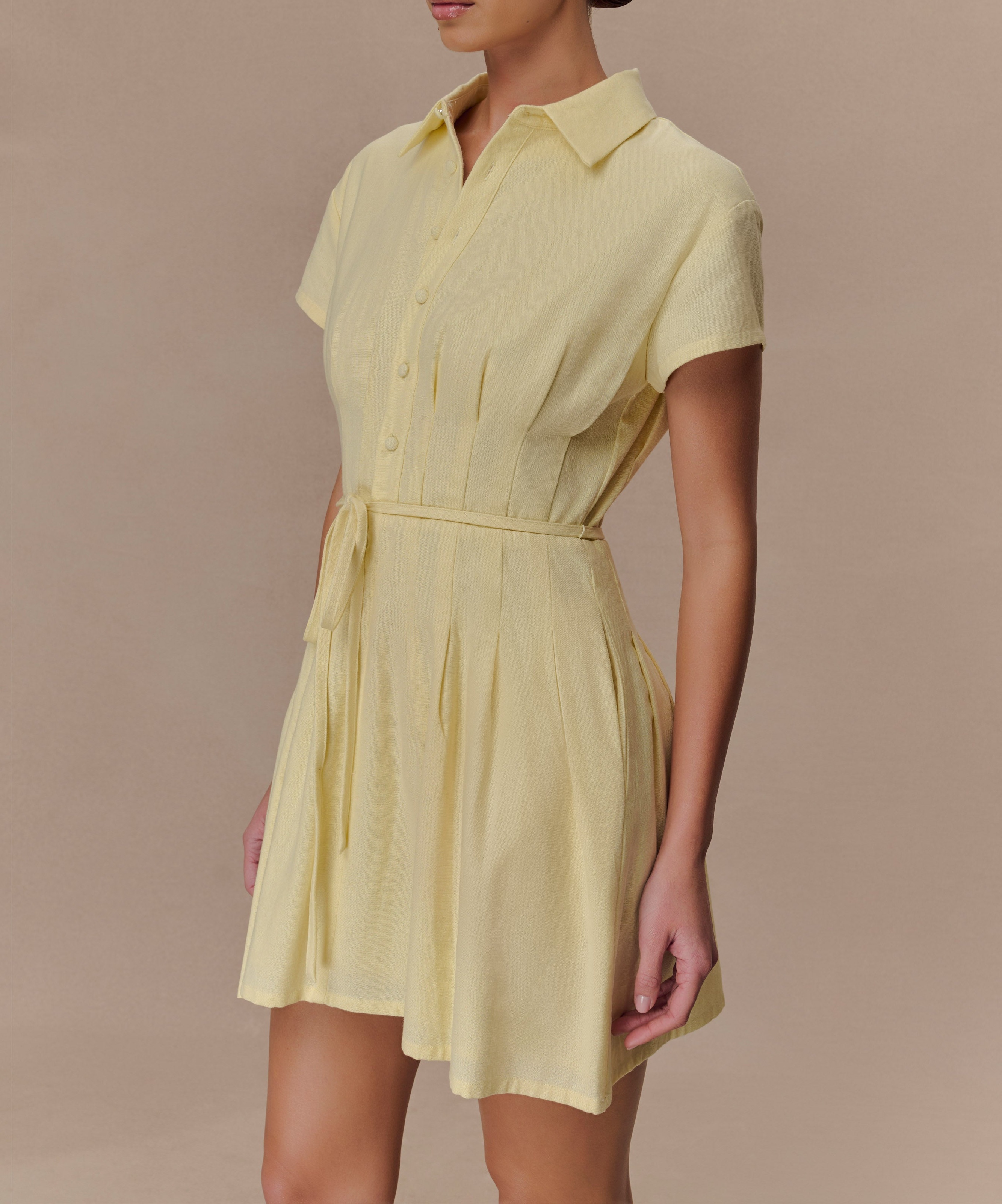 Lemon Buttoned Linen Mini Dress