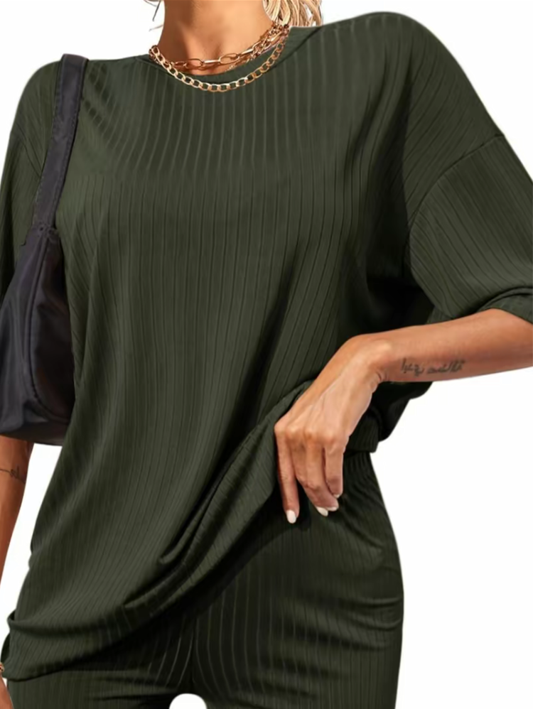 Summer Ribbed Lounge Set - Stretch T-shirt and Cycling Shorts | Breathable Loungewear