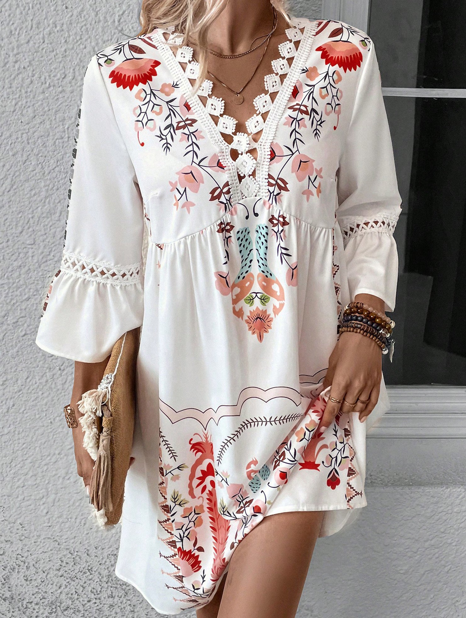 V Neck Lace Patch Print Dress