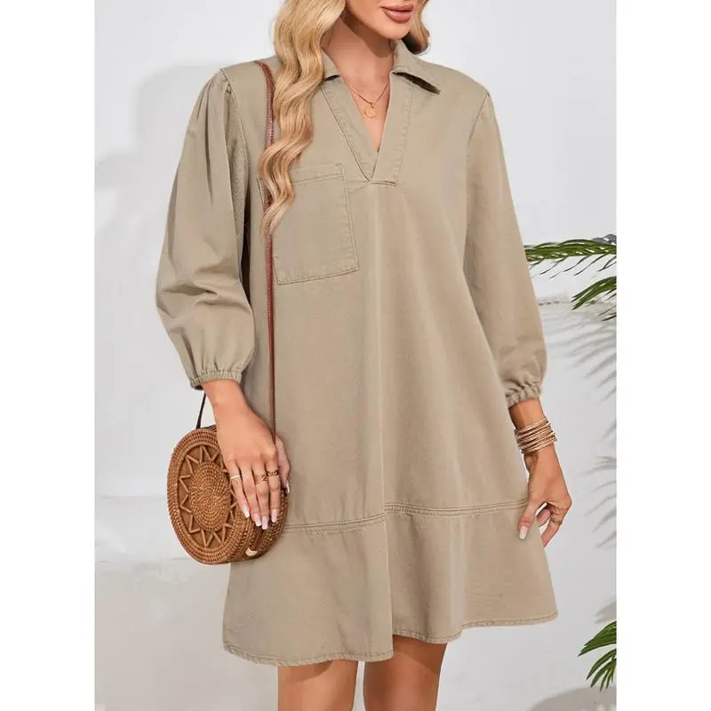 V Neck 3/4 Puff Sleeve Jean Dresses