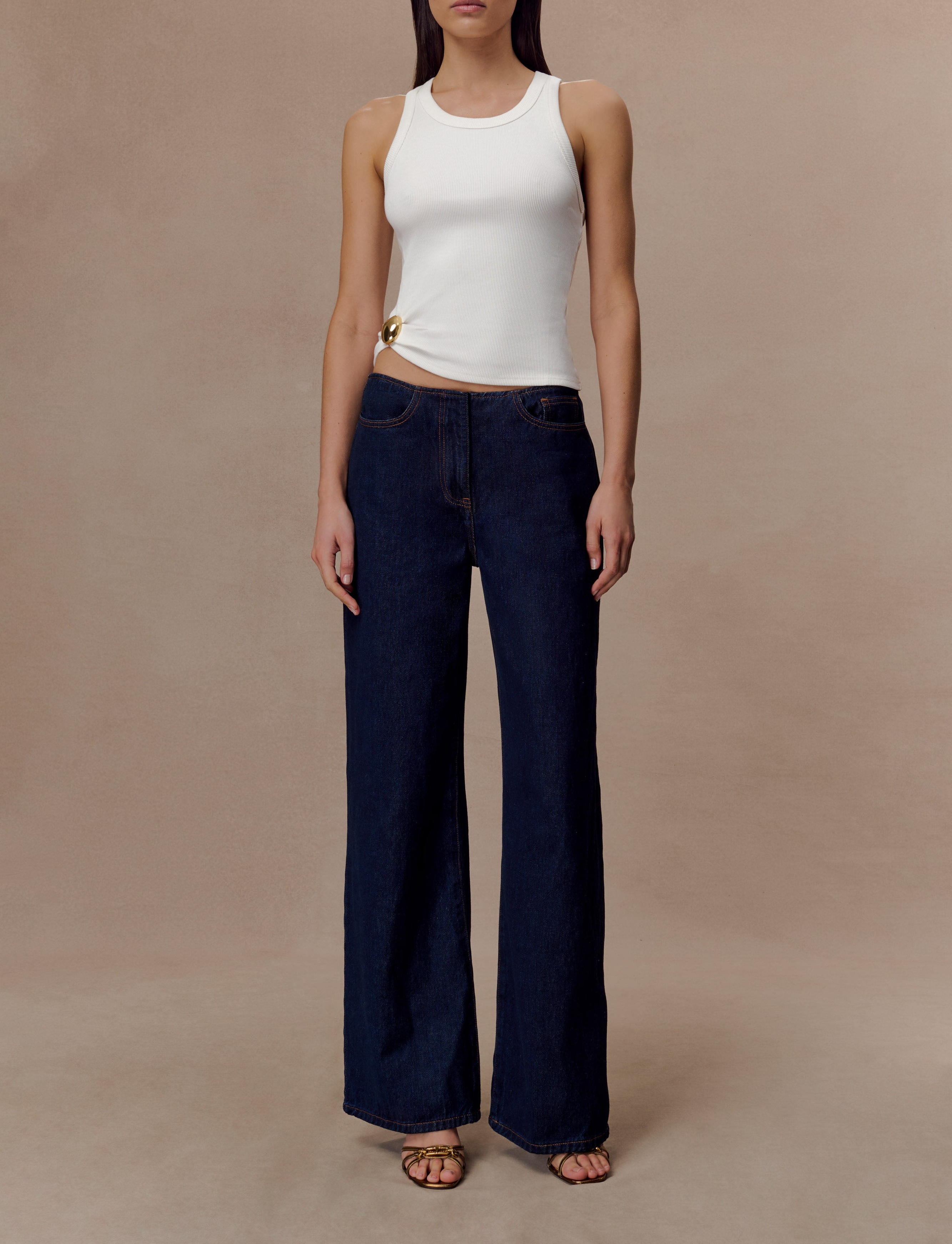 White Ribbed Sleeveless Top With Hardware