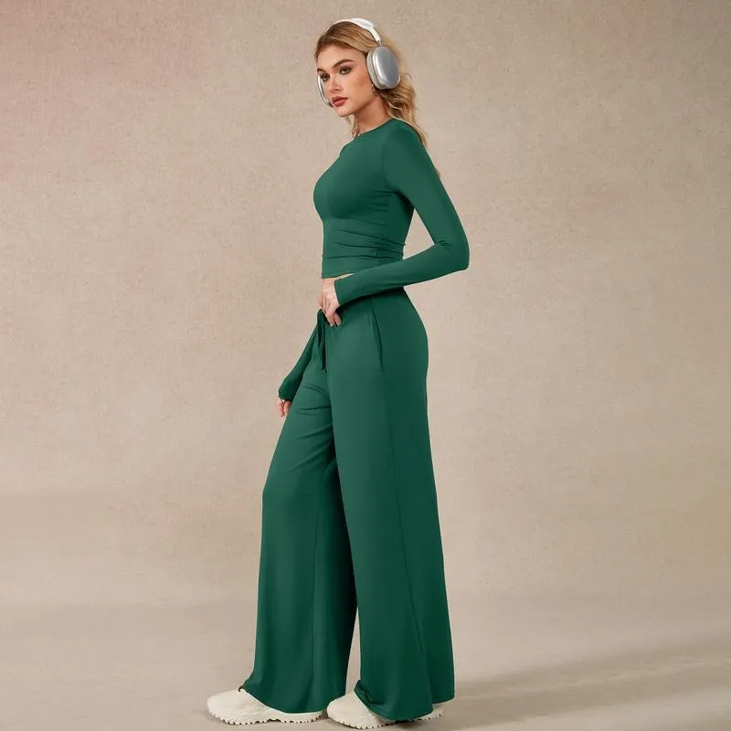Women's 2-Piece Activewear Set Long-Sleeve Crop Top & Wide-Leg Pants Stretchy Fabric